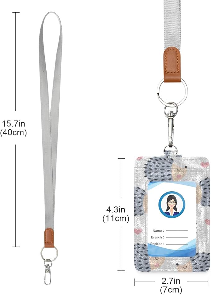 Qilmy Hedgehog ID Badge Holder Leather Credit Card Badge Holder with Lanyard for Boys Girls School Office Staff