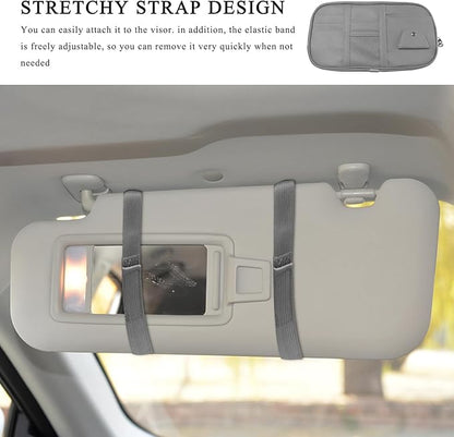 Car Sun Visor Organizer, Leather Multi-Pocket Visor Organizer Pouch with Double Zippers Net, Sunglass Holder Storage Pocket for License Pen Key Card Registration Document (Gray)