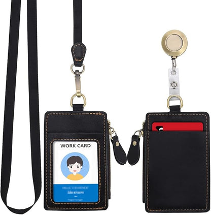 Wonderpool Leather ID Badge Holder with Zipper Wallet Pouch - Card Slots Case Detachable Neck Lanyard and Retractable Badge Reel for Office School Hospital Exhibition ID (Black)