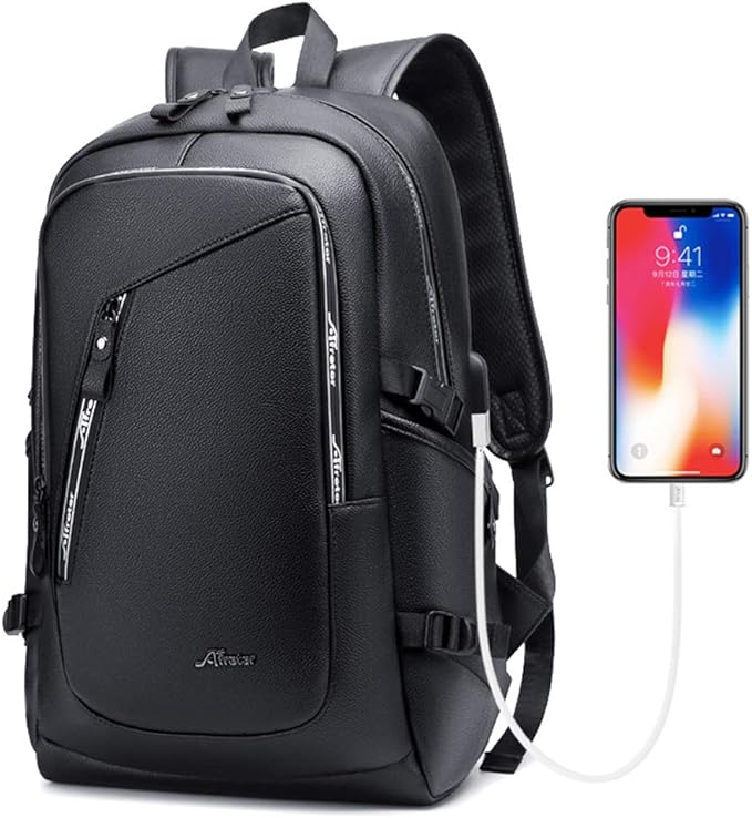 DYJ Vegan Leather Laptop Backpack for Women&Men, PU Vintage Travel Daypacks with USB Charging Port 17 Inch Laptop