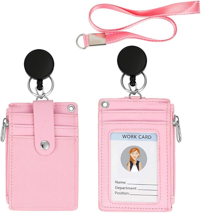 【2025 Latest】 Cute ID Badge Holder Retractable Lanyard Reel Clip with Heavy Duty Carabiner, 5 Card Slots in 2 Sided with Key Ring and Zipper for Students Teens Boys Girls Office Staff Women (Pink)
