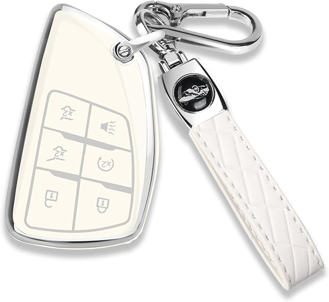 QBUC for Chevy Key Fob Cover with Keychain Soft TPU Protection Case Compatible with 2021-2026 Chevy Tahoe Suburban GMC Yukon Denali Silverado 6-Buttons(Chrome Trim White)