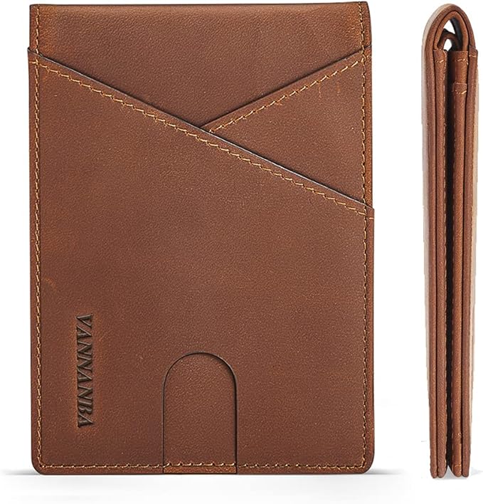 VANNANBA Real Leather Wallets for Men - Minimalist Wallet for Men with ID Window - RFID Blocking Slim Bifold Front Pocket Wallets with Gift Box(Vintage Brown)