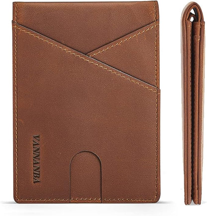VANNANBA Real Leather Wallets for Men - Minimalist Wallet for Men with ID Window - RFID Blocking Slim Bifold Front Pocket Wallets with Gift Box(Vintage Brown)