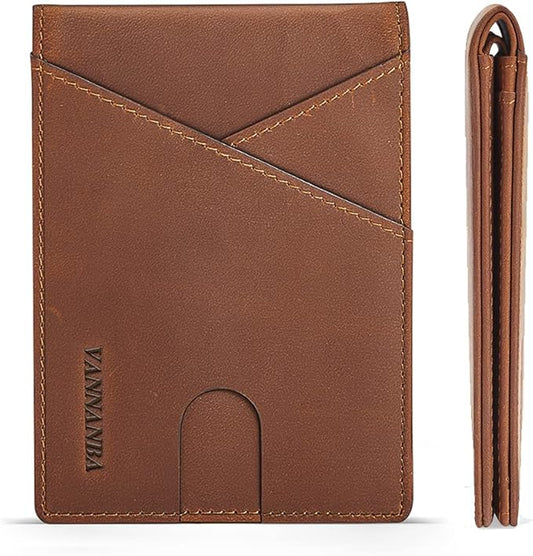 VANNANBA Real Leather Wallets for Men - Minimalist Wallet for Men with ID Window - RFID Blocking Slim Bifold Front Pocket Wallets with Gift Box(Vintage Brown)