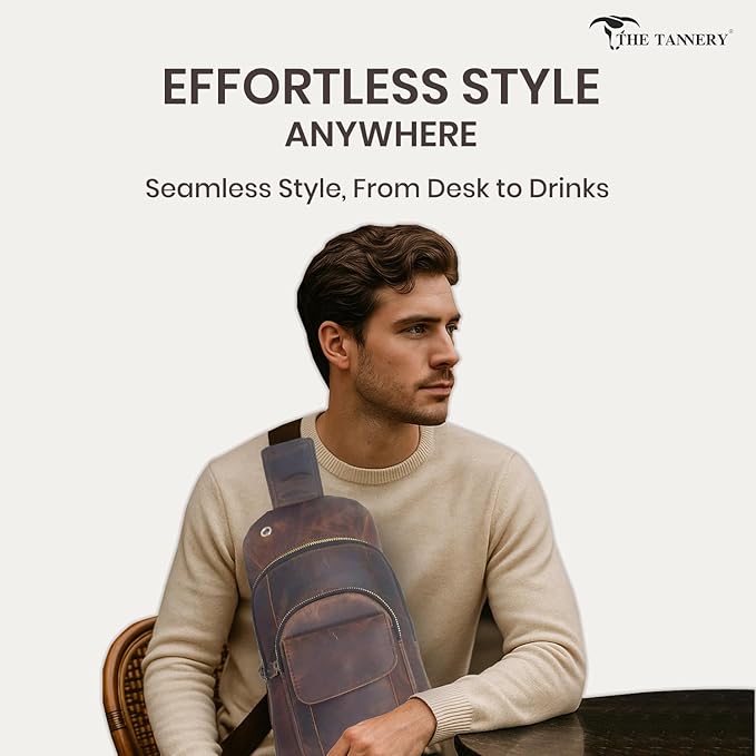The Tannery Handmade Buffalo Leather Multipurpose Travel Hiking Crossbody Chest Backpack with Adjustable Shoulder Strap, Thanks Giving (Dark Brown, Large)