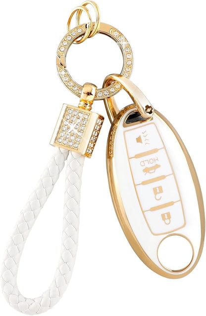 PIFOOG for Nissan Key Fob Cover Altima Rogue Sentra Murano Armada Pathfinder Accessories 4 Buttons Soft TPU White Gold Car Keys Case Shell Protecor Girly Women Cute