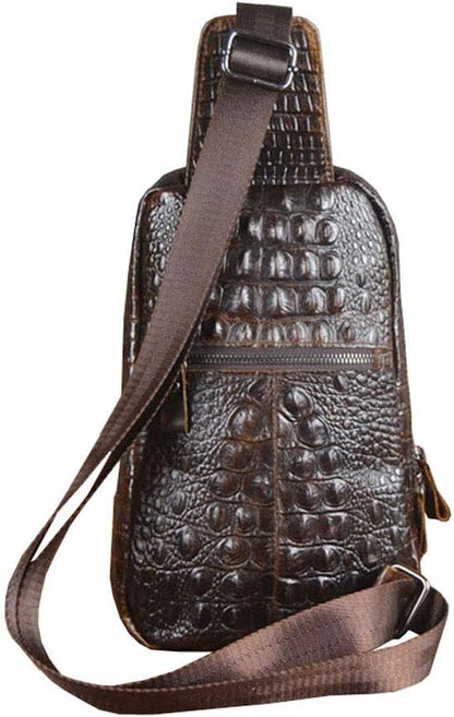 Hebetag Crocodile Genuine Leather Sling Bag Backpack for Men Travel Outdoor Hunting Hiking Camping Crossbody Shoulder Chest Pack Daypack Coffee