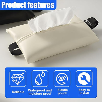 YoRise Car Tissue Holder, PU Leather Car Napkin Holder with Adjustable Strap, Center Console Tissues Box Cover, Sun Visor Organizer Keep Auto Tidy, Vehicle Headrest Storage Accessories (Beige)