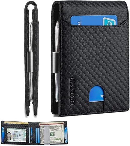 VANNANBA Minimalist Wallet for Men with Money Clip|ID Window|Large Capacity with 12 Card Slots|RFID Blocking,Carbon Fiber Front Pocket Credit Card Holder with Gift Box(Carbon Black)