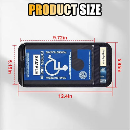 JOYCOURT Handicap Placard Holder for Car, Disabled Parking Permit Sign Protector, Car Interior Sun Visor Storage Clip with Pen Holder, Note Paper Slot, Elastic Strap