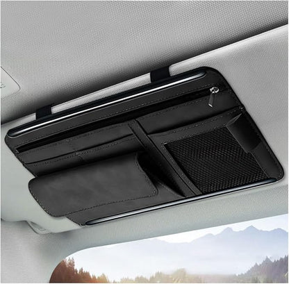 Car Sun Visor Organizer, Soft Leather Auto Sunshade Glasses Storage Bag with Multi-Pocket Net Zipper, Scratch-Resistant Vehicle Visor Pocket Eyeglasses Case Note Holder (Black)
