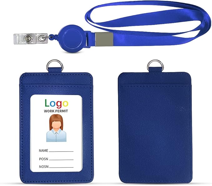 HYCOPROT ID Badge Holder with Lanyard Heavy Duty Retractable PU Leather Vertical Horizontal ID Card Holders with 1 Clear ID Window & 1 Credit Card Slot and for Office School (Vertical, Blue)