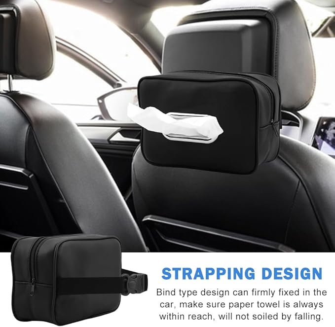 Car Tissue Box Holder, Backseat Rectangular Napkin Holder with 4 Hooks, Small 7.5in PU Leather Napkin Organizer with Metal Ring for Easy Pulling, Fits Headrest, Dashboard & Sun Visor(Color:Black)