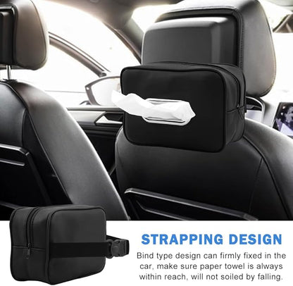 Car Tissue Box Holder, Backseat Rectangular Napkin Holder with 4 Hooks, Small 7.5in PU Leather Napkin Organizer with Metal Ring for Easy Pulling, Fits Headrest, Dashboard & Sun Visor(Color:Black)