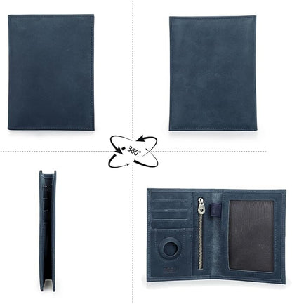 CONTACTS Full Grain Leather Passport Holder RFID Blocking Travel Passport Wallet Compatible with Airtag Passport Cover Case with 4 Cards Slots, Coin Pocket (Blue)