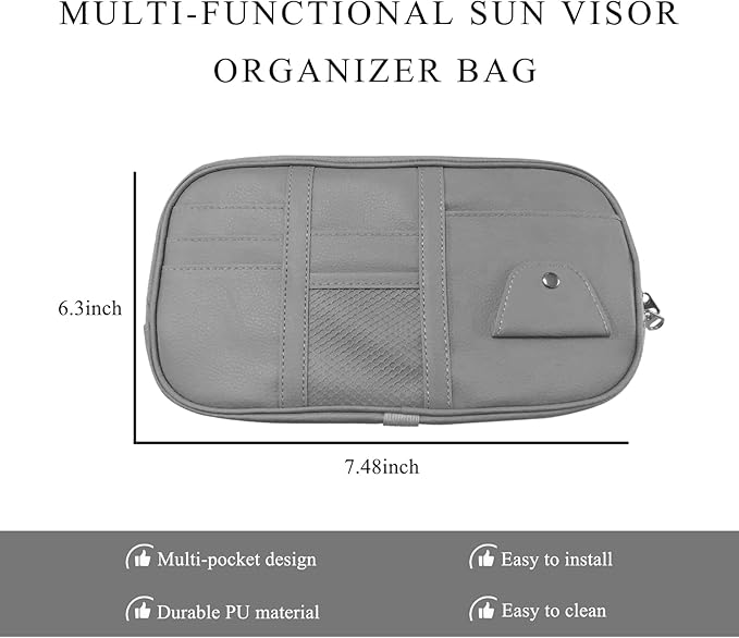 Car Sun Visor Organizer, Leather Multi-Pocket Visor Organizer Pouch with Double Zippers Net, Sunglass Holder Storage Pocket for License Pen Key Card Registration Document (Gray)