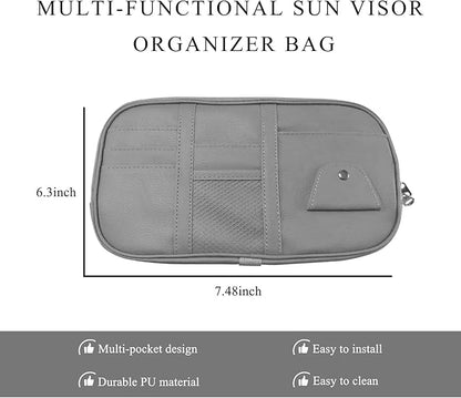 Car Sun Visor Organizer, Leather Multi-Pocket Visor Organizer Pouch with Double Zippers Net, Sunglass Holder Storage Pocket for License Pen Key Card Registration Document (Gray)