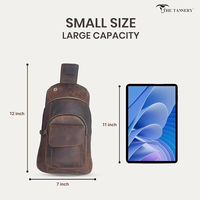 The Tannery Handmade Buffalo Leather Multipurpose Travel Hiking Crossbody Chest Backpack with Adjustable Shoulder Strap, Thanks Giving (Dark Brown, Small)