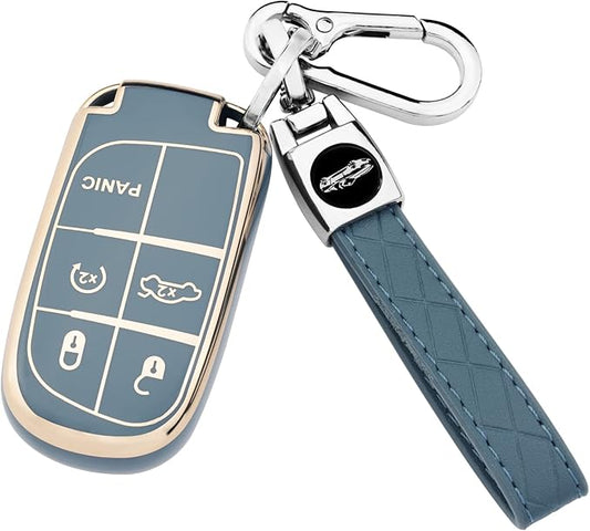 XIYANG TRADE for Jeep Key Fob Cover with Keychain, Soft TPU Key Case Shell Full Protection Suitable for Jeep Grand Cherokee Renegade Compass Durango Charger Dodge Challenger (Blue)
