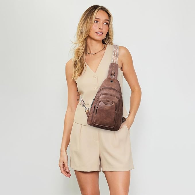 Leresas 10L Crossbody Sling Bag for Women Men Anti Theft Cross Body Fanny Pack Belt Bag Purse Gifts for Women Faux Leather, Brown