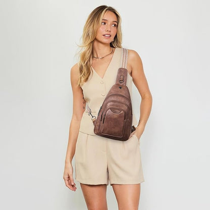 Leresas 10L Crossbody Sling Bag for Women Men Anti Theft Cross Body Fanny Pack Belt Bag Purse Gifts for Women Faux Leather, Brown