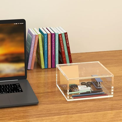 AITEE Decorative Acrylic Box with Lid, Clear Cube Display Case, Multi-Purpose Box Square Container for Holding Staples, Adhesive Tape, Paper Clips, Stamps, Display in Office or Home (X-Large)