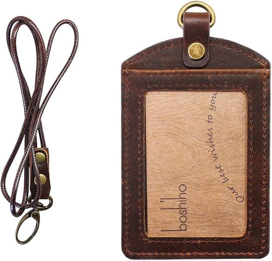 Badge Holder: Boshiho Cowhide Leather ID Badge Card Holder with 19" Neck Lanyard, Vertical Style (Dark Brown)