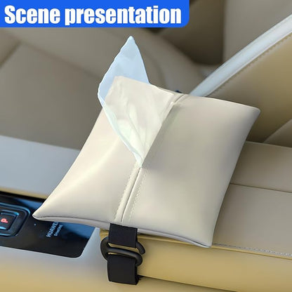 YoRise Car Tissue Holder, PU Leather Car Napkin Holder with Adjustable Strap, Center Console Tissues Box Cover, Sun Visor Organizer Keep Auto Tidy, Vehicle Headrest Storage Accessories (Beige)