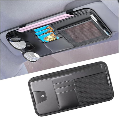 Mandark Car Sun Visor Organizer, PU Leather Vehicle Storage Pouch Holder with Multi-Pocket Zipper, Auto Interior Accessories for Sunglass Pen Document, Universal for SUV, Sedan, Truck (Black)