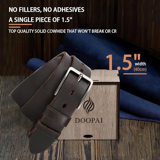 DOOPAI Men's Genuine Leather Casual Belt -Full Grain Leather Belt for Men- 1.5" Handmade Jeans Belt with Gift Box