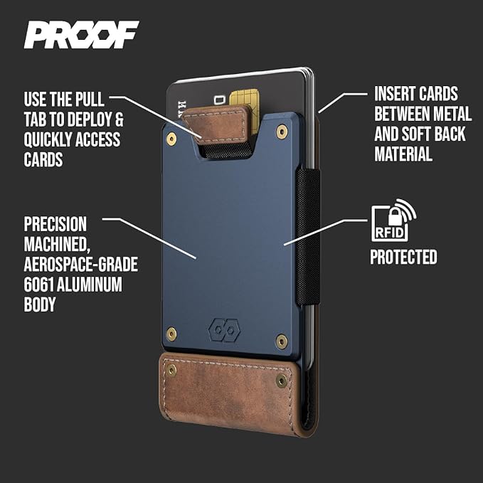 PROOF Wallet | Slim Minimalist Wallets for Men | Leather & Metal | RFID Wallet | Front/Back Pocket | Gift Box | Veteran Owned