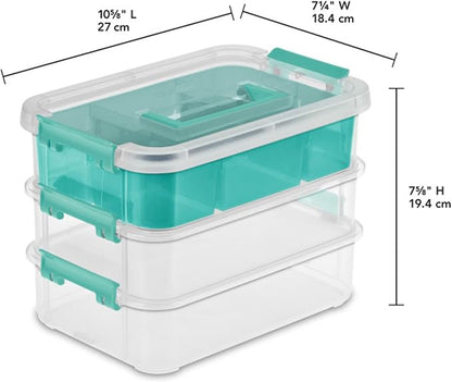 Sterilite 12 Pack Plastic Storage Box Container, 3 Layer, Stack and Carry, Clear/Blue