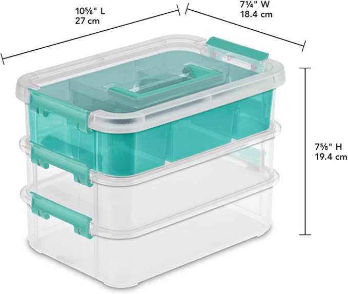 Sterilite 24 Pack Plastic Storage Box Container, 3 Layer, Stack and Carry, Clear/Blue