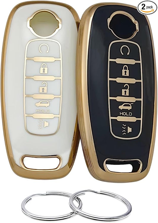 REPROTECTING TPU Key Fob Cover Compatible with Nissan Pathfinder Rogue Kicks (Black/White, 5 Buttons/TPU)