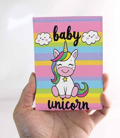 Rainbow Unicorn Passport Holder for Travel Colorful Stripes PU Leather Passport Cover Wallet Cute Passport Card Holder for Women and Men
