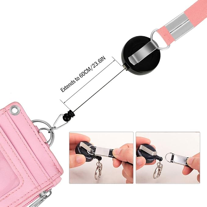 【2025 Latest】 Cute ID Badge Holder Retractable Lanyard Reel Clip with Heavy Duty Carabiner, 5 Card Slots in 2 Sided with Key Ring and Zipper for Students Teens Boys Girls Office Staff Women (Pink)