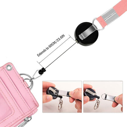 【2025 Latest】 Cute Badge Holder Retractable Lanyard Reel Clip with Heavy Duty Carabiner, 1 Clear ID Window, and 4 Card Slots in 2 Sided for Students Teens Boys Girls Women