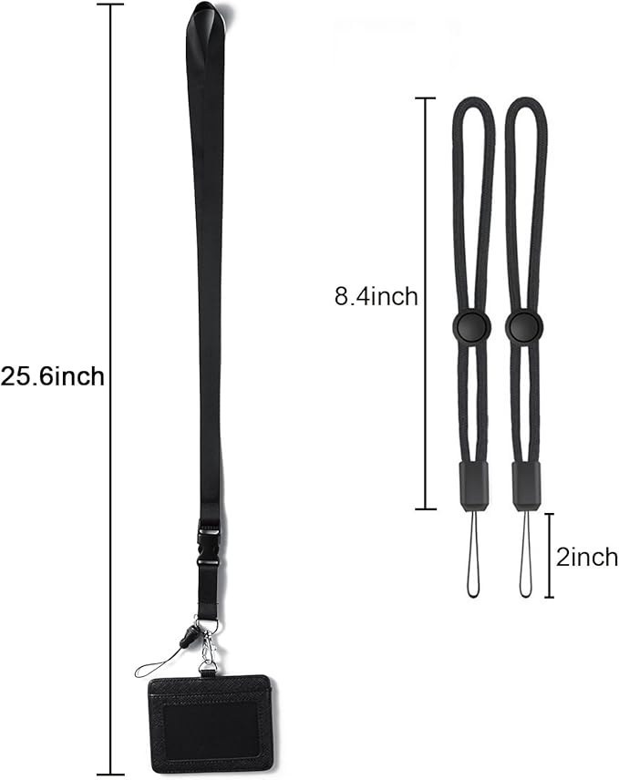 YOUOWO 2 Pack Black Neck Office Quick Release Lanyards and Small Black Adjustable Wrist Lanyard with Horizontal ID Badge Holder PU Leather,with Clips
