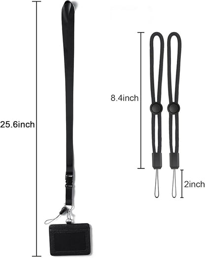 YOUOWO 2 Pack Black Neck Office Quick Release Lanyards and Small Black Adjustable Wrist Lanyard with Horizontal ID Badge Holder PU Leather,with Clips