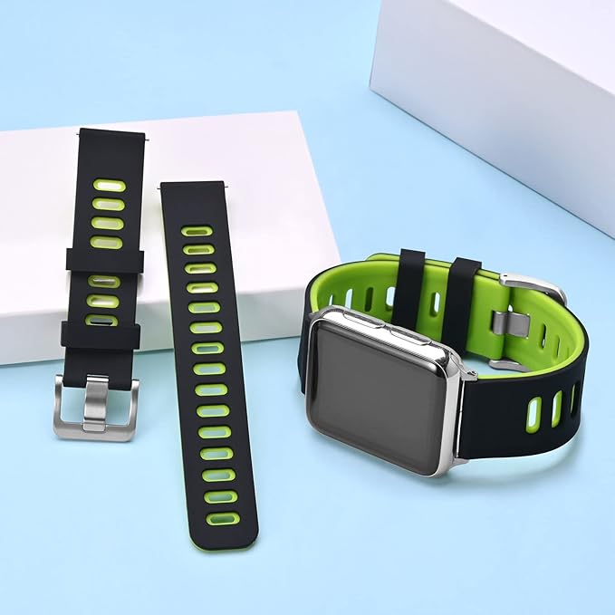 WOCCI 20mm Bicolor Watch Band, Silicone Rubber, Quick Release Replacement Strap for Men and Women, Silver Stainless Steel Buckle (Black-Spring Green)