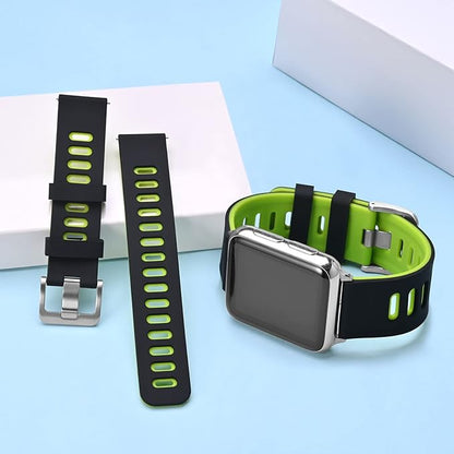 WOCCI 22mm Bicolor Watch Band, Silicone Rubber, Quick Release Replacement Strap for Men and Women, Silver Stainless Steel Buckle (Black-Spring Green)