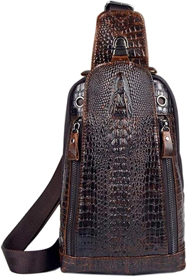 Hebetag Crocodile Genuine Leather Sling Chest Bag for Men Travel Outdoor Hunting Hiking Camping Crossbody Shoulder Pack Pouch Backpack Daypack Coffee
