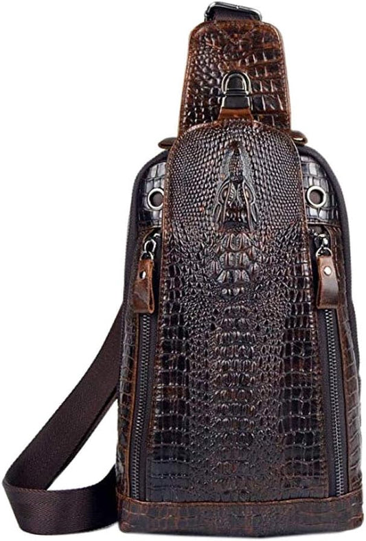 Hebetag Crocodile Genuine Leather Sling Chest Bag for Men Travel Outdoor Hunting Hiking Camping Crossbody Shoulder Pack Pouch Backpack Daypack Coffee