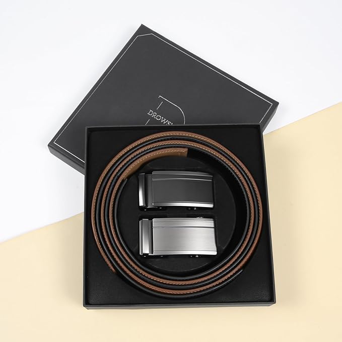 2 Pack Ratchet Belt 1 3/8", Mens leather Dress Belt in Gift Set Size 28"-62" Adjustable waist Trim to Fit