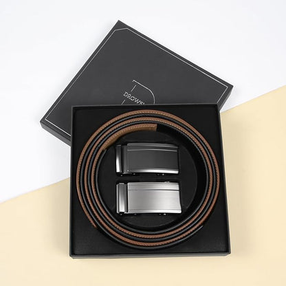 2 Pack Ratchet Belt 1 3/8", Mens leather Dress Belt in Gift Set Size 28"-62" Adjustable waist Trim to Fit