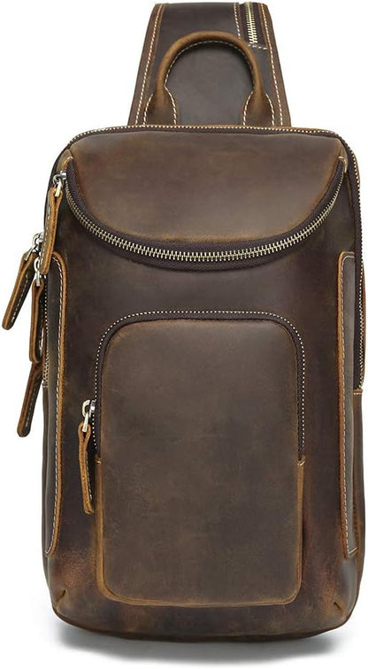 LANNSYNE Vintage Full Grain Leather Sling Bag Crossbody Chest Daypack | Vintage, Full Grain, Leather, Chest