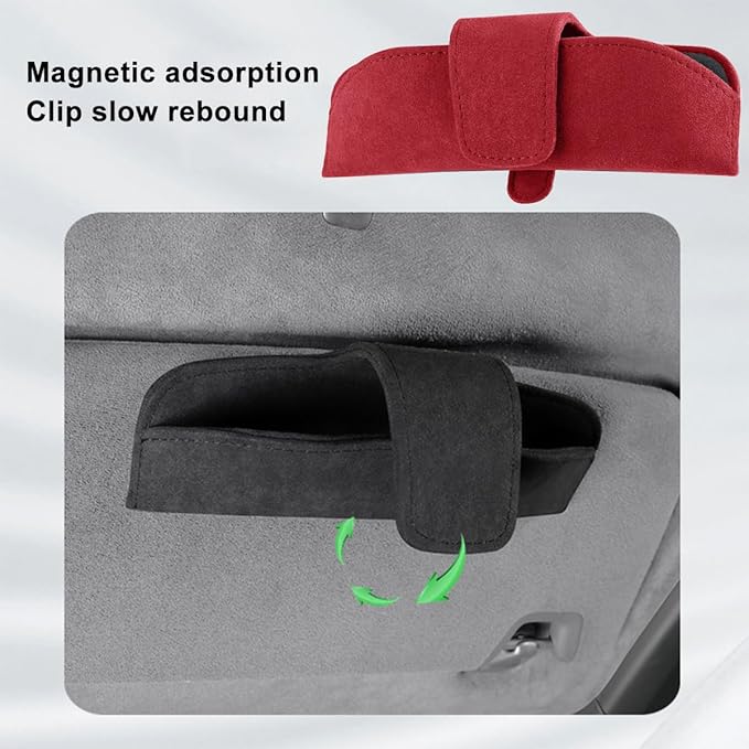 Sunglasses Holder for Car Sun Visor, Magnetic Closure Suede Vehicle Eyeglasses Holder Protective Box Clip, Automotive Glasses Storage Organizer, Universal for Truck, SUV, RV(Red)
