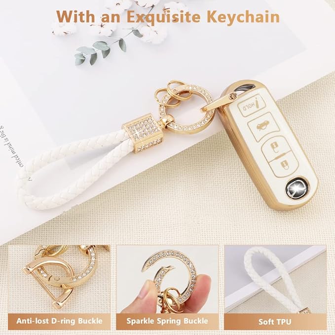 PIFOOG for Mazda Key Fob Cover 6 3 CX5 CX9 CX-3 MX5 Mitia Accessories Girly Women Soft TPU Car Keys Shell Case 4 Buttons Full Covers Protection Glitter Keychain White Gold Cute