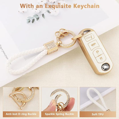 PIFOOG for Mazda Key Fob Cover 6 3 CX5 CX9 CX-3 MX5 Mitia Accessories Girly Women Soft TPU Car Keys Shell Case 4 Buttons Full Covers Protection Glitter Keychain White Gold Cute